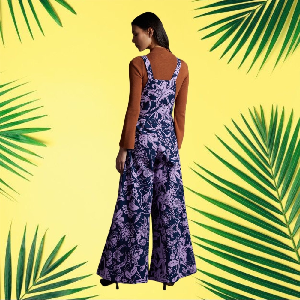 🦜FARM Rio🌺 Anthropologie XL Blue Purple Cotton Wide Leg Floral Tropical Jumpsuit